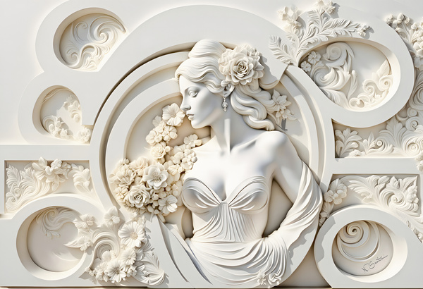 Woman with flowers decorative 3d relief sculpture floral abstract wall art print by Nazan Saatci Art by Nazan Saatci