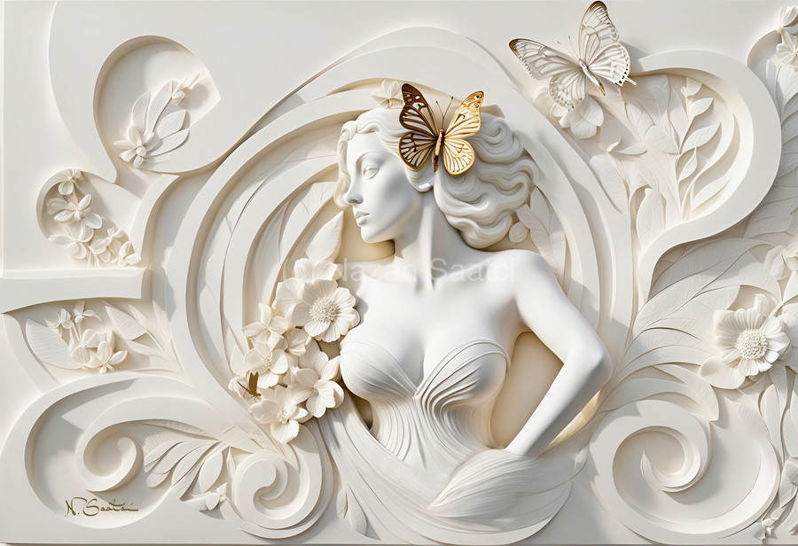 Woman with Butterfly decorative 3d relief sculpture  floral abstract wall art print by Nazan Saatci Art  Print