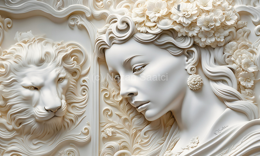 Woman with Lion decorative 3d relief sculpture  wall art print by Nazan Saatci Art  Print