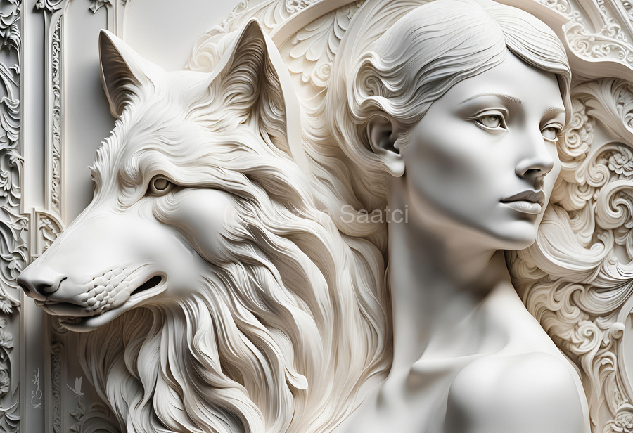Woman with wolf  decorative relief sculpture  3d wall art print by Nazan Saatci Art  Print