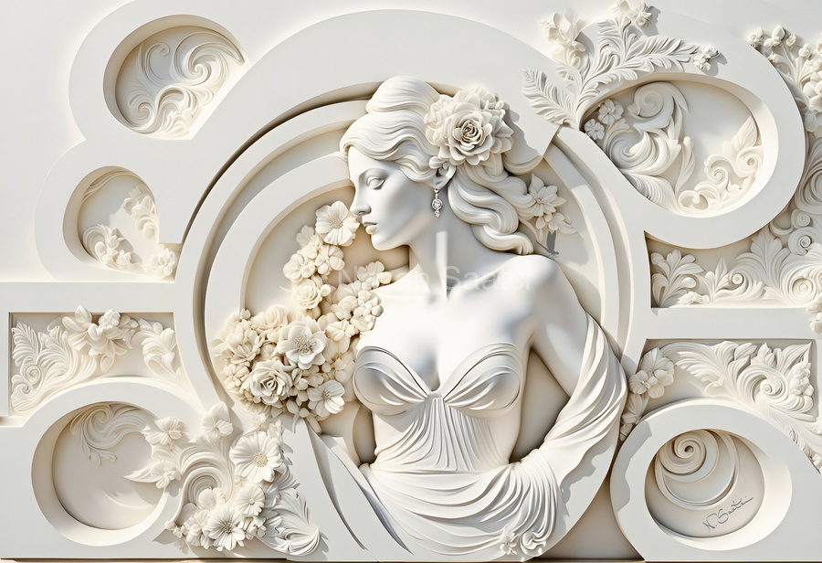 Woman with flowers decorative 3d relief sculpture floral abstract wall art print by Nazan Saatci Art  Print