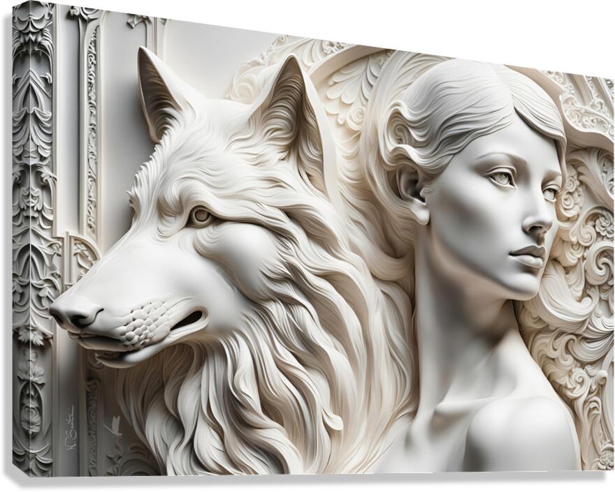 Woman with wolf  decorative relief sculpture  3d wall art print by Nazan Saatci Art  Canvas Print