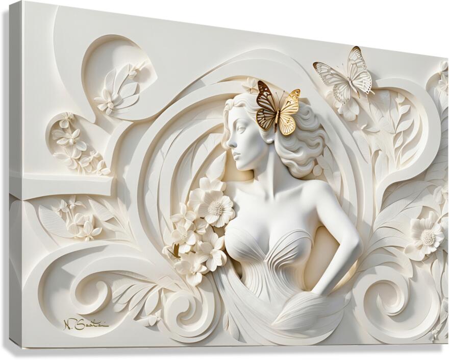 Woman with Butterfly decorative 3d relief sculpture  floral abstract wall art print by Nazan Saatci Art  Canvas Print