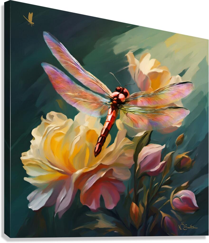 Dragonfly and Roses  wall art by Nazan Saatci Art  Canvas Print