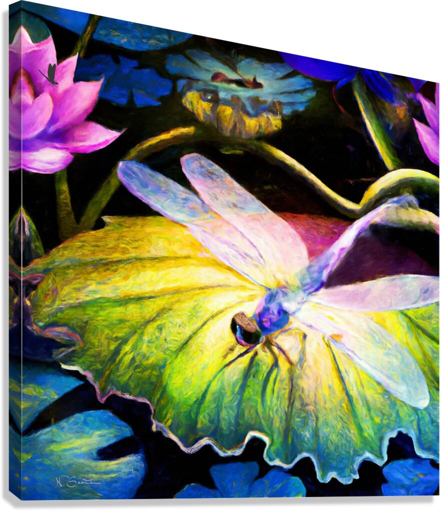 Dragonfly  on a waterlily pad  wall art by Nazan Saatci art  Canvas Print
