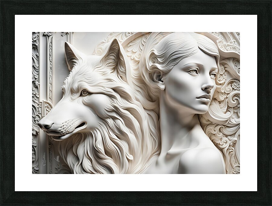 Woman with wolf  decorative relief sculpture  3d wall art print by Nazan Saatci Art  Framed Print Print