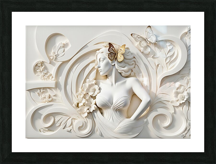 Woman with Butterfly decorative 3d relief sculpture  floral abstract wall art print by Nazan Saatci Art  Framed Print Print