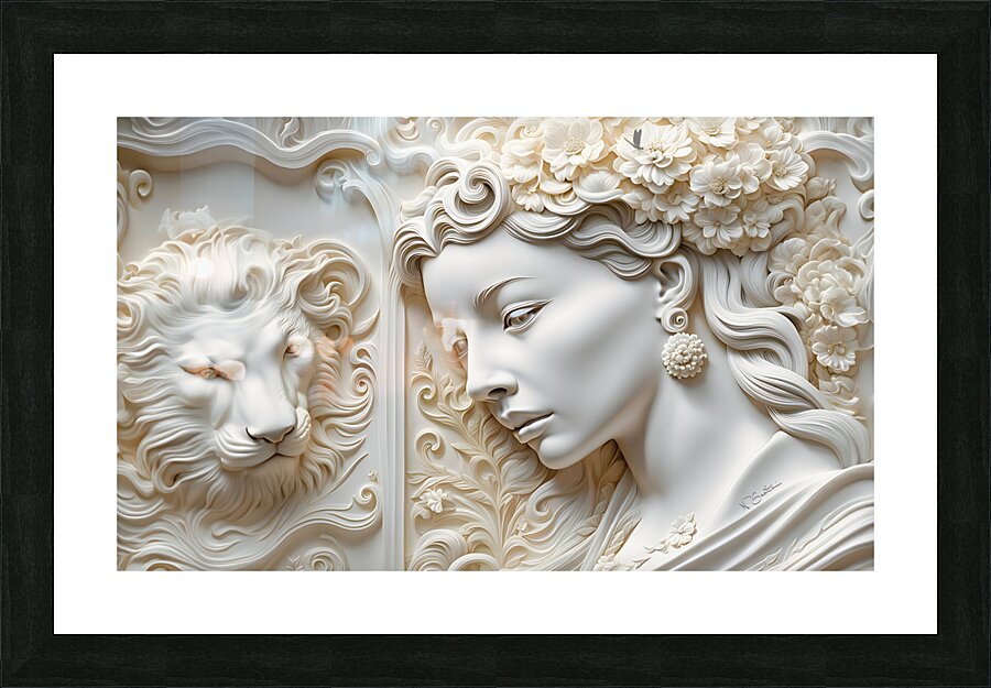 Woman with Lion decorative 3d relief sculpture  wall art print by Nazan Saatci Art  Framed Print Print