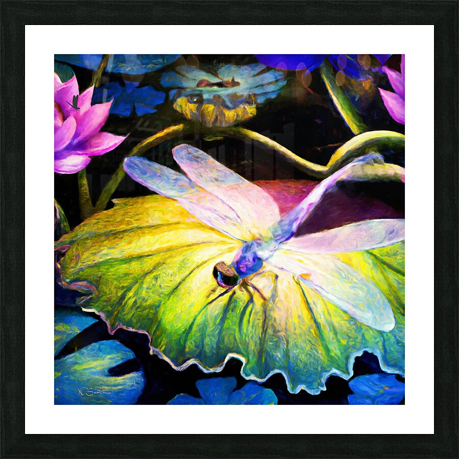 Dragonfly  on a waterlily pad  wall art by Nazan Saatci art  Framed Print Print
