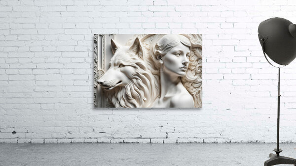 Woman with wolf  decorative relief sculpture  3d wall art print by Nazan Saatci Art by Nazan Saatci