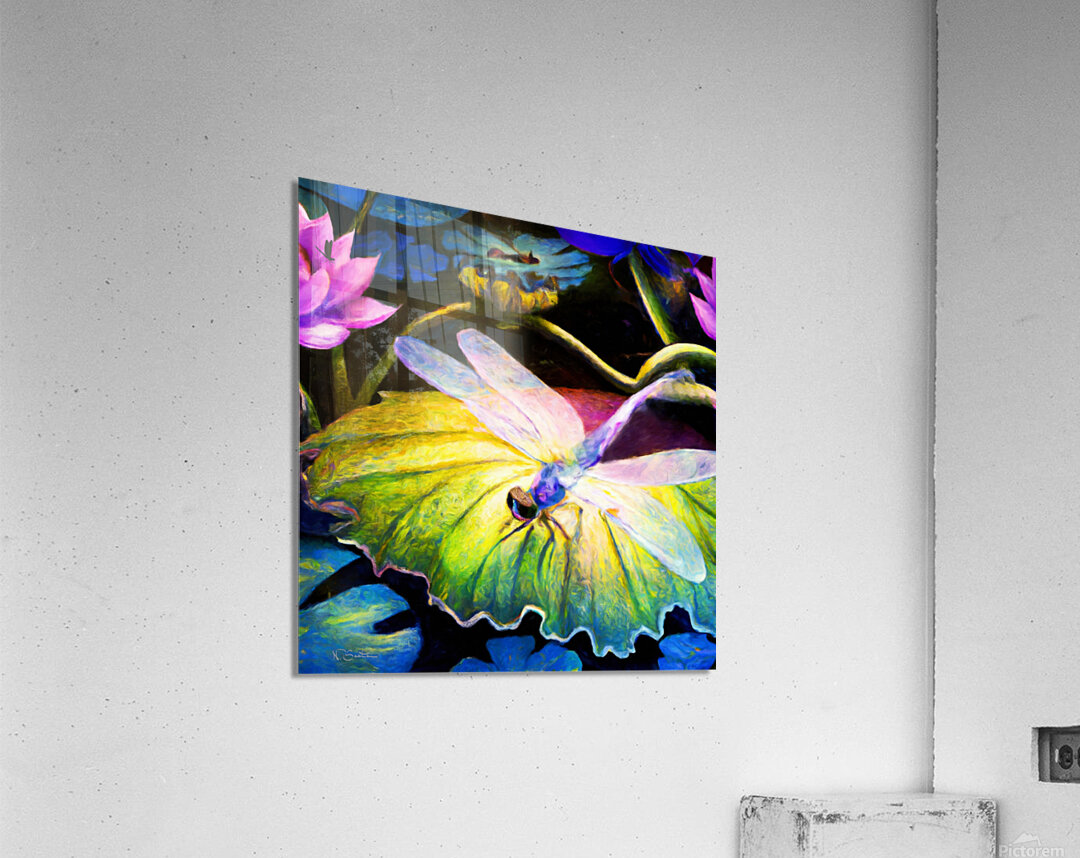 Dragonfly  on a waterlily pad  wall art by Nazan Saatci art Acrylic Print