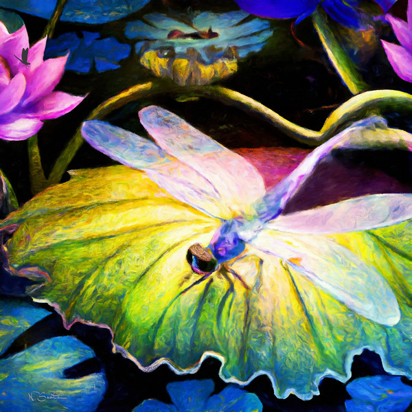 Dragonfly  on a waterlily pad  wall art by Nazan Saatci art by Nazan Saatci