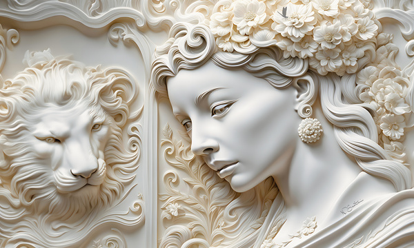 Woman with Lion decorative 3d relief sculpture  wall art print by Nazan Saatci Art by Nazan Saatci