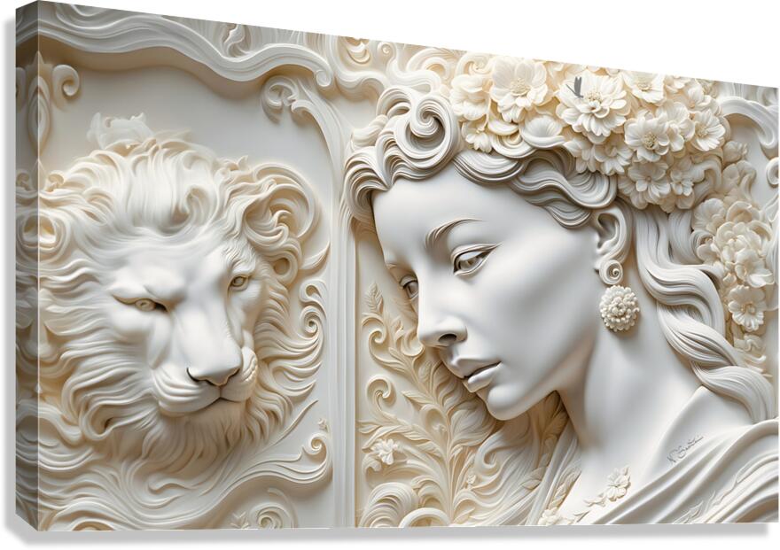 Woman with Lion decorative 3d relief sculpture  wall art print by Nazan Saatci Art Canvas Print