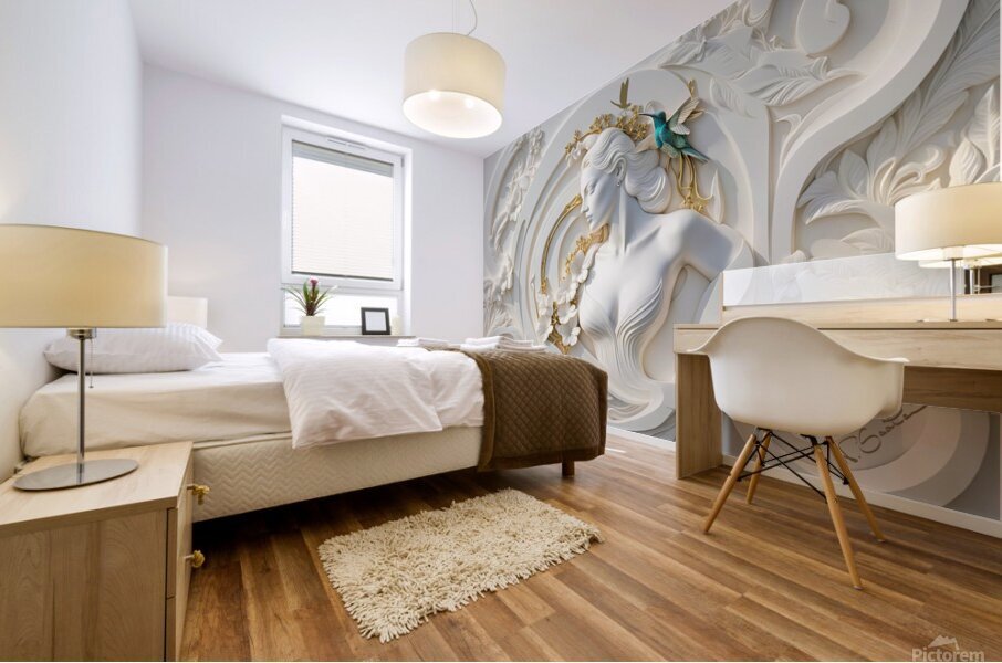 Woman Hummingbird decorative 3d relief sculpture  floral abstract wall art print by Nazan Saatci Art Mural print