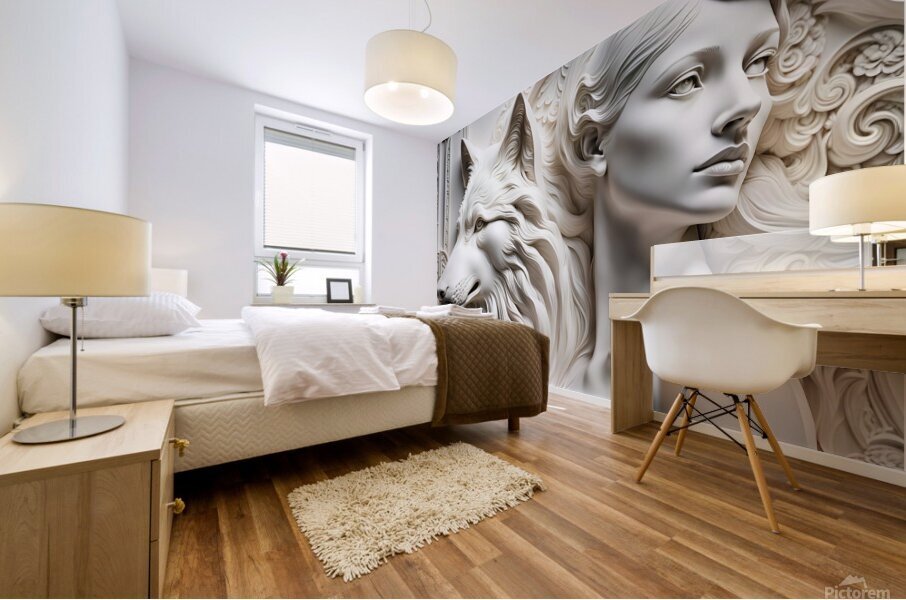 Woman with wolf  decorative relief sculpture  3d wall art print by Nazan Saatci Art Mural print