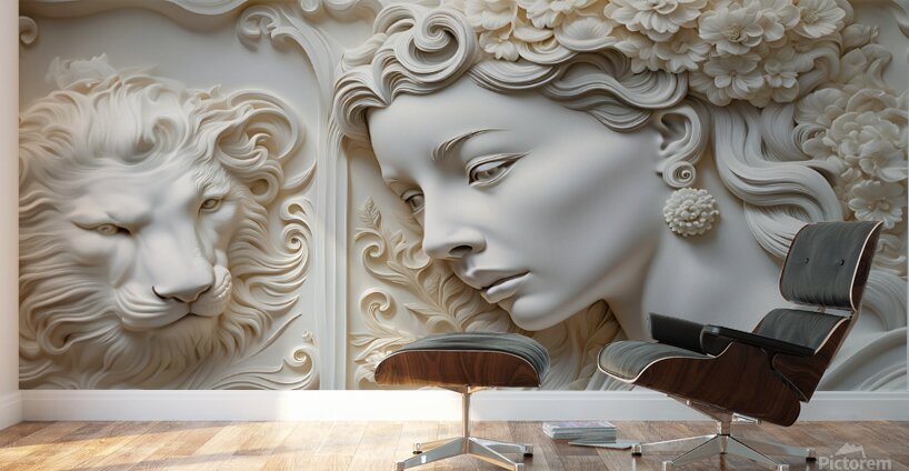 Woman with Lion decorative 3d relief sculpture  wall art print by Nazan Saatci Art Wall Murals