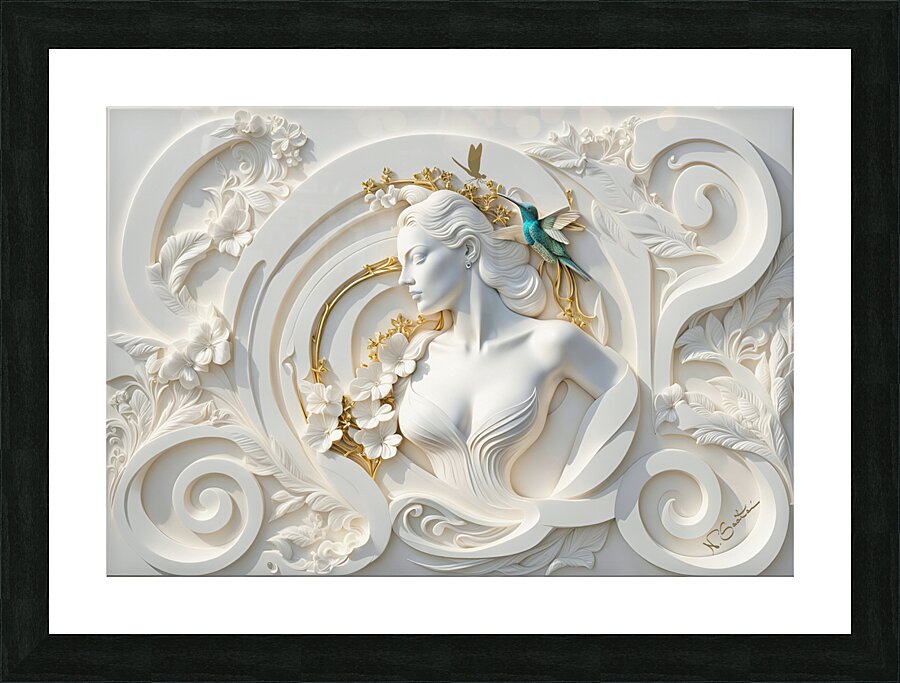 Woman Hummingbird decorative 3d relief sculpture  floral abstract wall art print by Nazan Saatci Art Picture Frame print