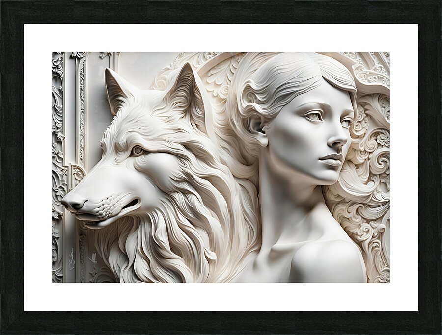Woman with wolf  decorative relief sculpture  3d wall art print by Nazan Saatci Art Picture Frame print