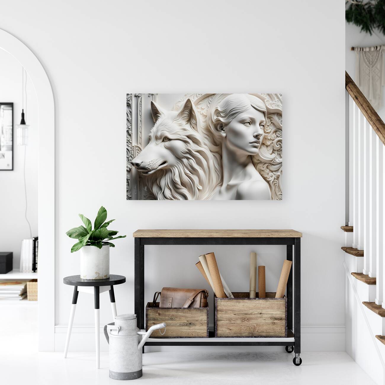 Woman with wolf  decorative relief sculpture  3d wall art print by Nazan Saatci Art Reproduction