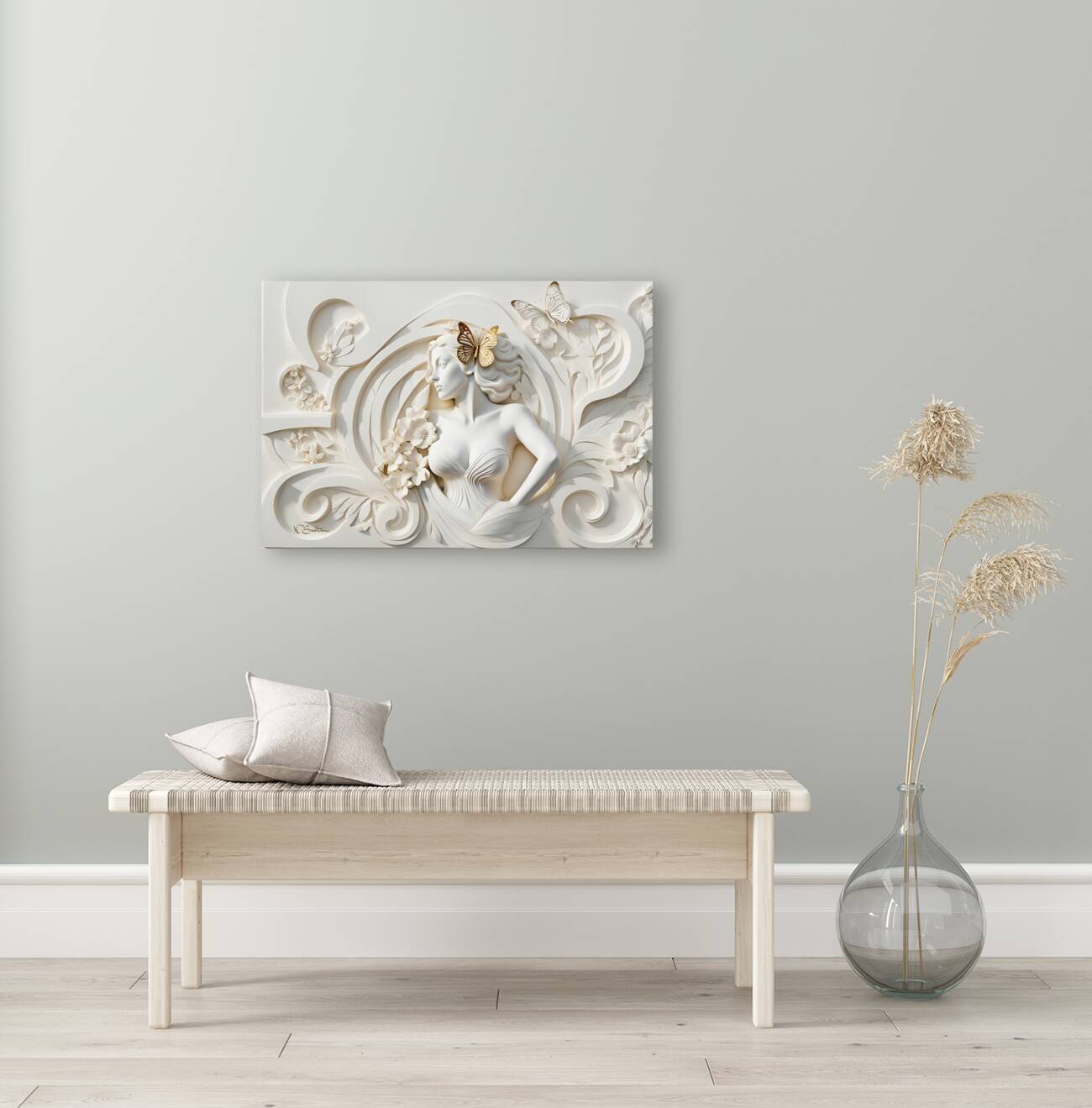 Woman with Butterfly decorative 3d relief sculpture  floral abstract wall art print by Nazan Saatci Art Reproduction