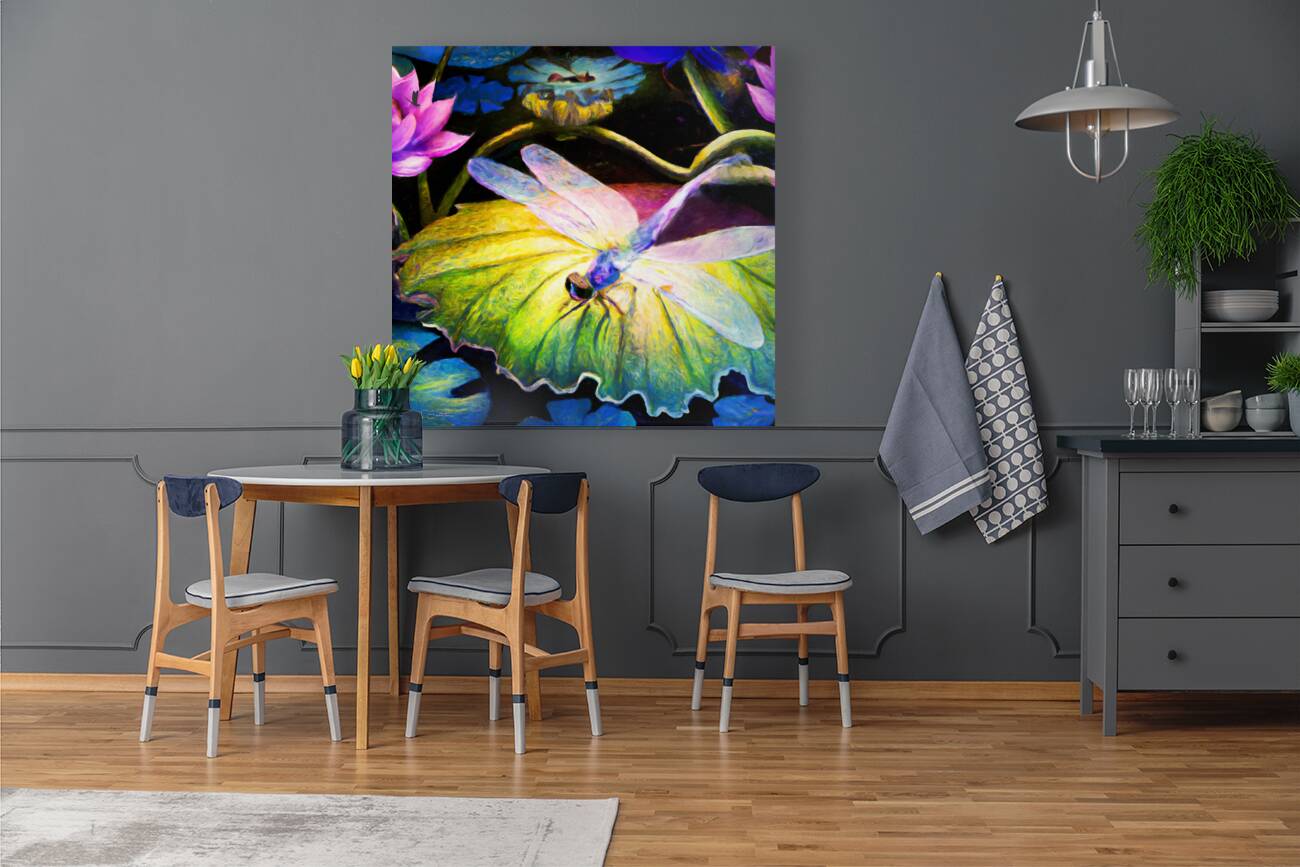 Dragonfly  on a waterlily pad  wall art by Nazan Saatci art Reproduction